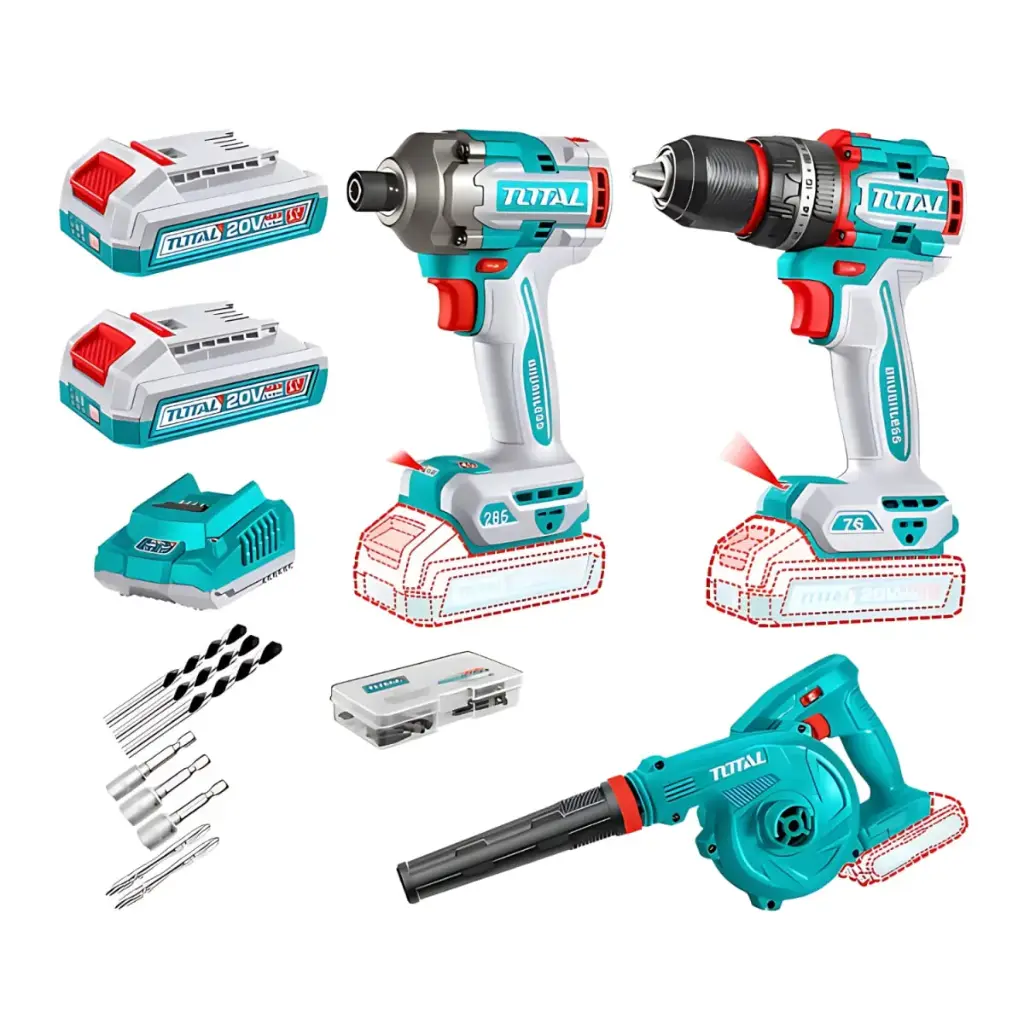 COMBO TALADRO 76NM + ATORNILLADOR DE IMPACTO 285NM + SOPLADORA 20V TOTAL