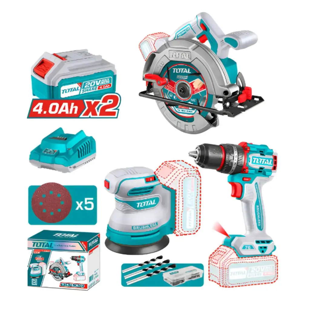 [TOSLI250181] MEGA COMBO CIRCULAR + TALADRO 76NM + LIJADORA ÓRBITAL 20V – TOTAL