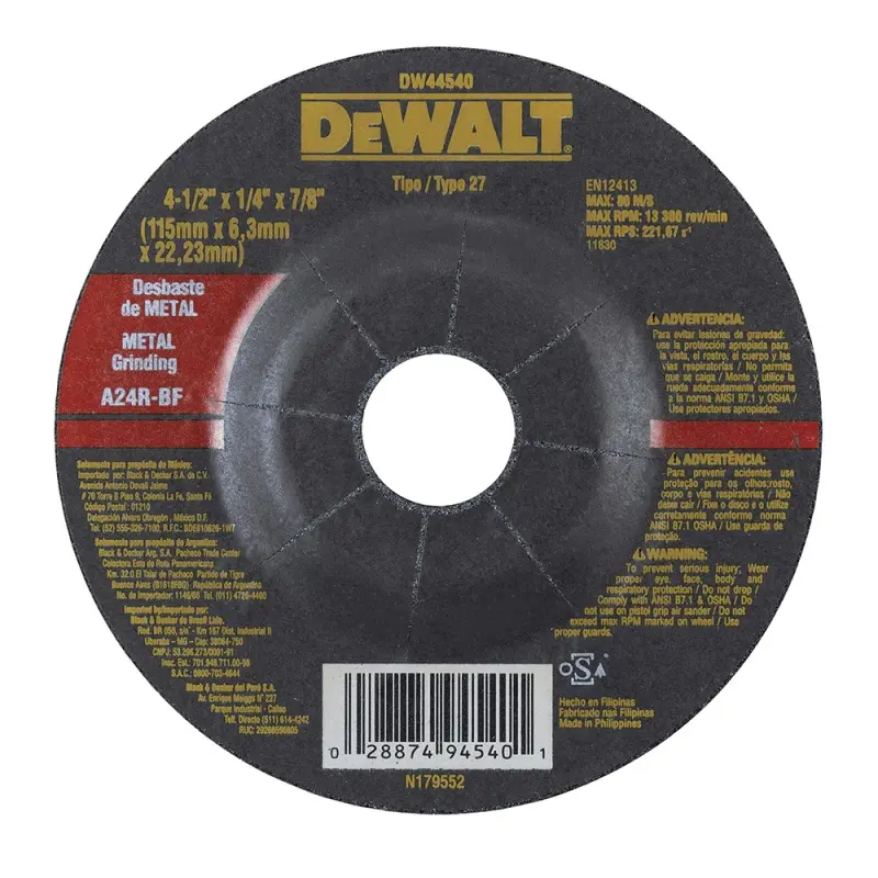 [DW44540] DISCO DE DESBASTE 4 1/2" (115 MM) PARA METAL DEWALT 