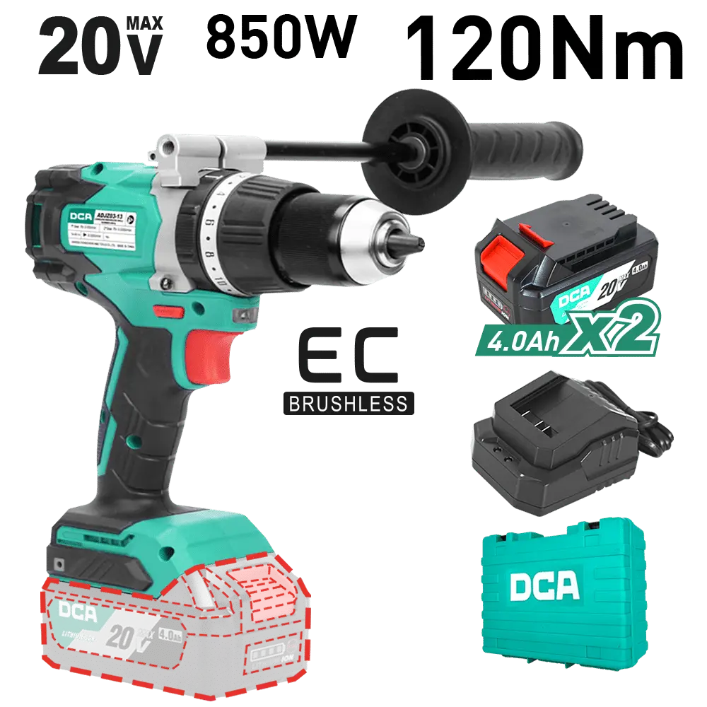 TALADRO PERCUTOR 120NM 20V + 2 BATERIAS 4AH + CARGADOR EN MALETA DCA 