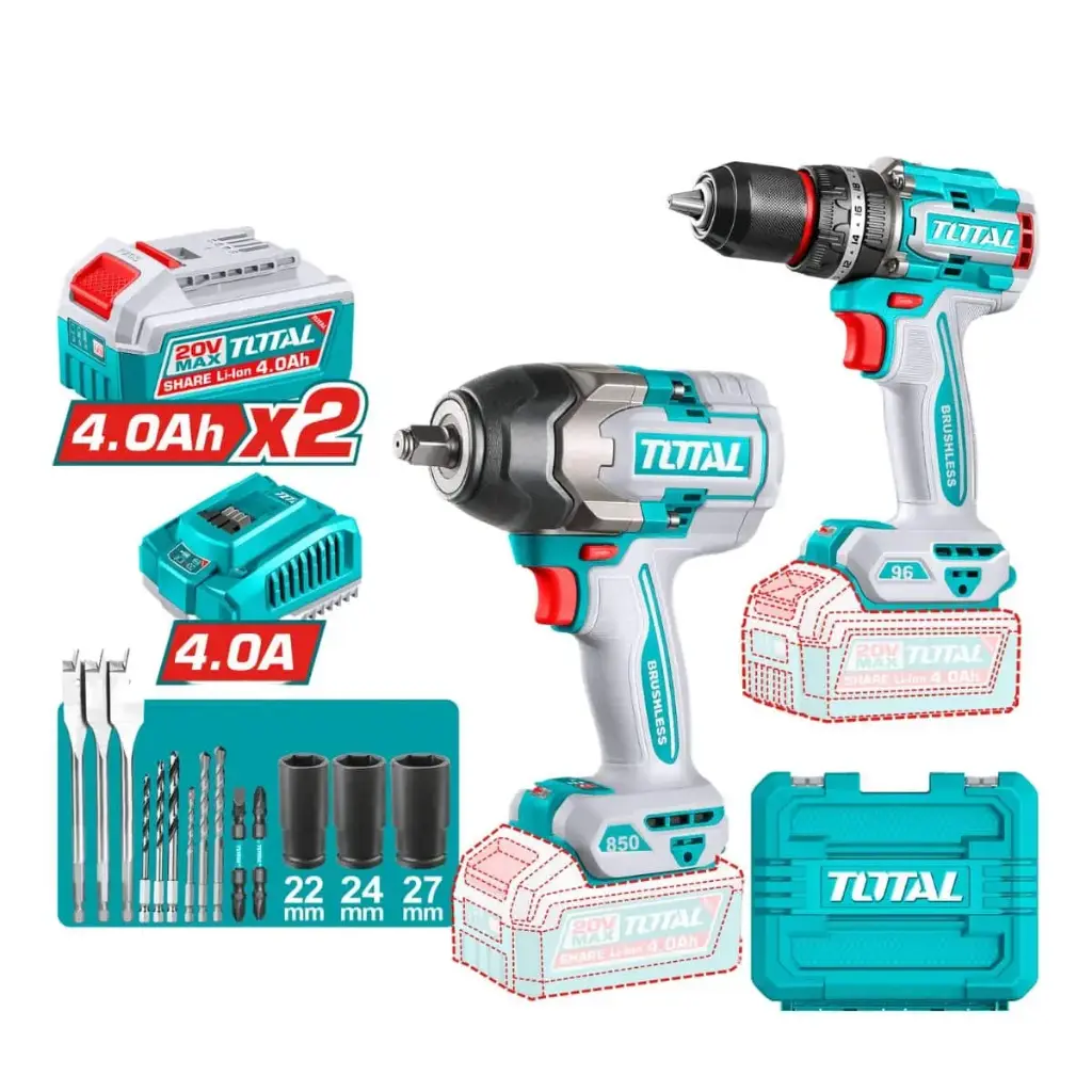COMBO TALADRO 96NM + LLAVE DE IMPACTO 850NM + 2 BATERIAS DE 4 AM + CARGADOR DE 4 AMP 20V