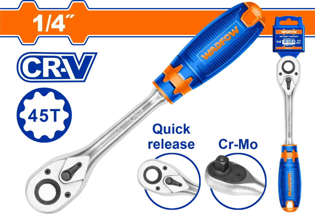 LLAVE DE TRINQUETE INDUSTRIAL CRV + CR-MO DE 1/4" CON MANGO SUAVE