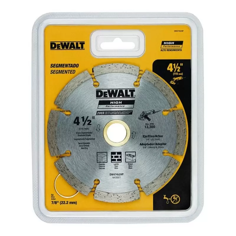 DISCO DIAMANTADO SEGMENTADO LISO CONCRETO 4.5" X 22.33MM. SECO S/ANILLO DEWALT