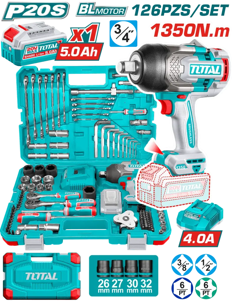 [THKTHP31262] COMBO LLAVE DE IMPACTO 3/4 1350NM 20V + 1 BATERIA DE 5.0AH + CARGADOR + 126PCS PIEZAS TOTAL