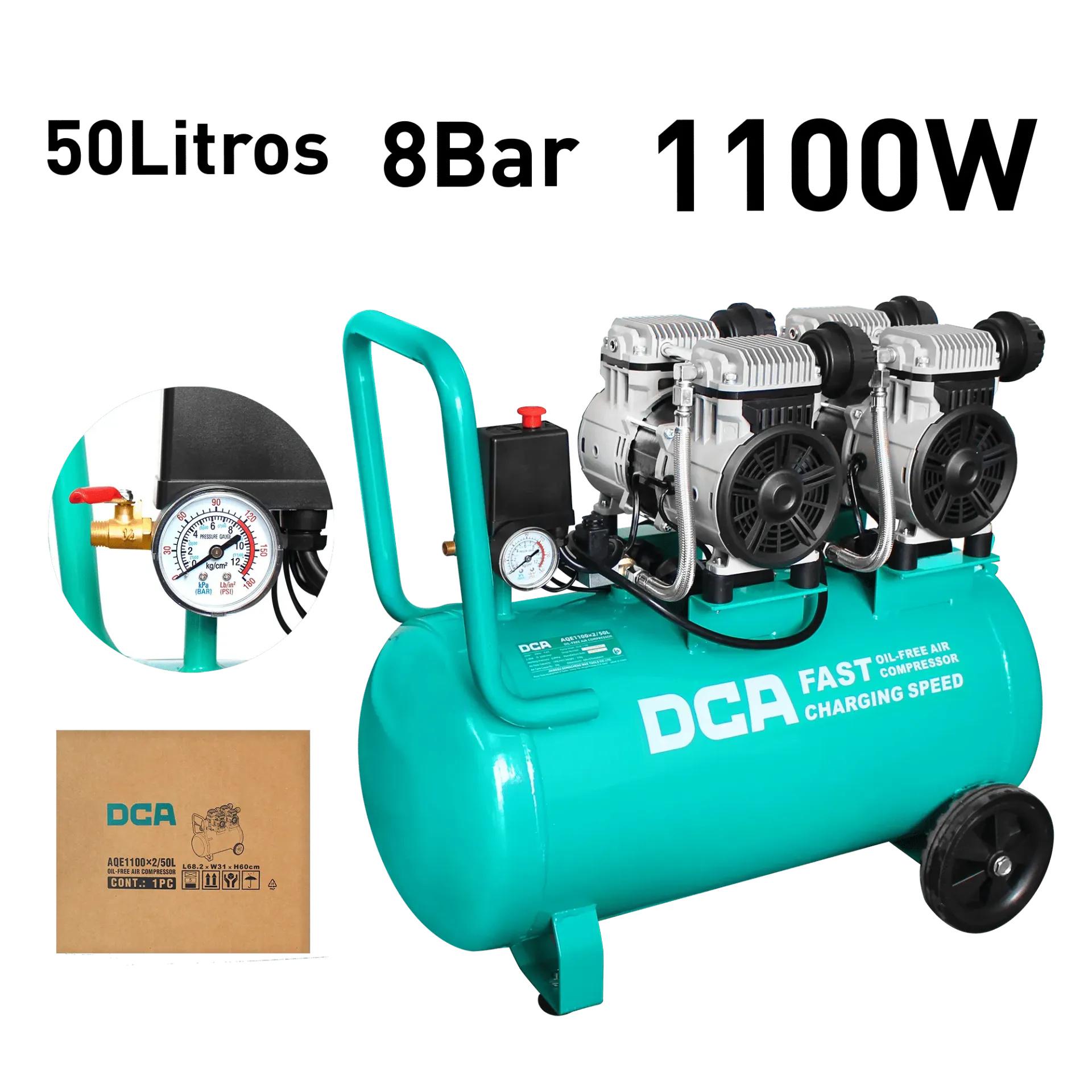 [AQE1100×2/50L] COMPRESORA SILENCIOSA 50 LITROS LIBRE DE ACEITE 100W 2850/MIN 8BAR 140L/MIN DCA