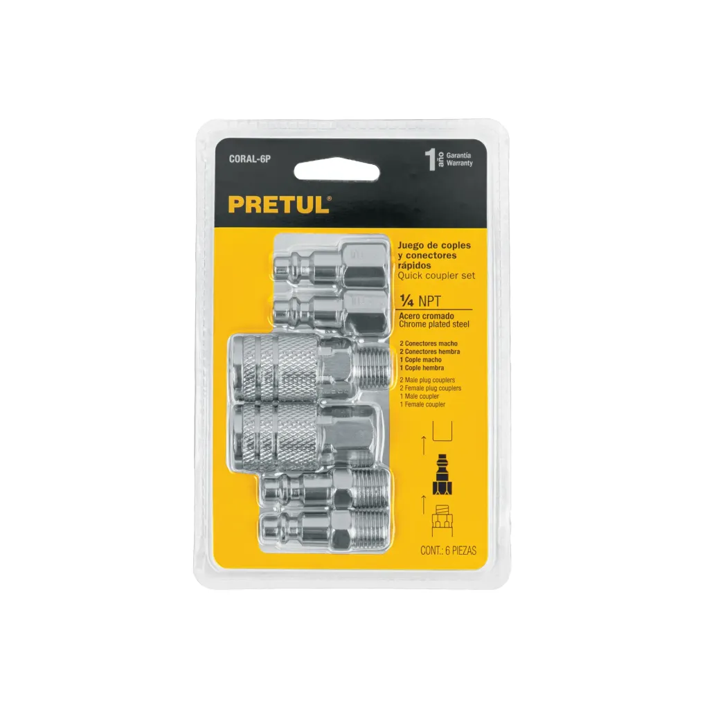 [27030] JUEGO DE ACOPLES Y CONECTORES DE ACERO CROMADO 6 PIEZAS, CUERDA 1/4 NPT-27030-PRETUL