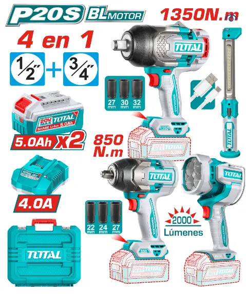 [TOSLI250782] COMBO 4 EN 1 LLAVE IMPACTO 1350NM Y 850NM + LINTERNA 2000LM + LINTERNA TRABAJO 2X5.0AH + MALETIN INDUSTRIAL-TOSLI250782-TOTAL