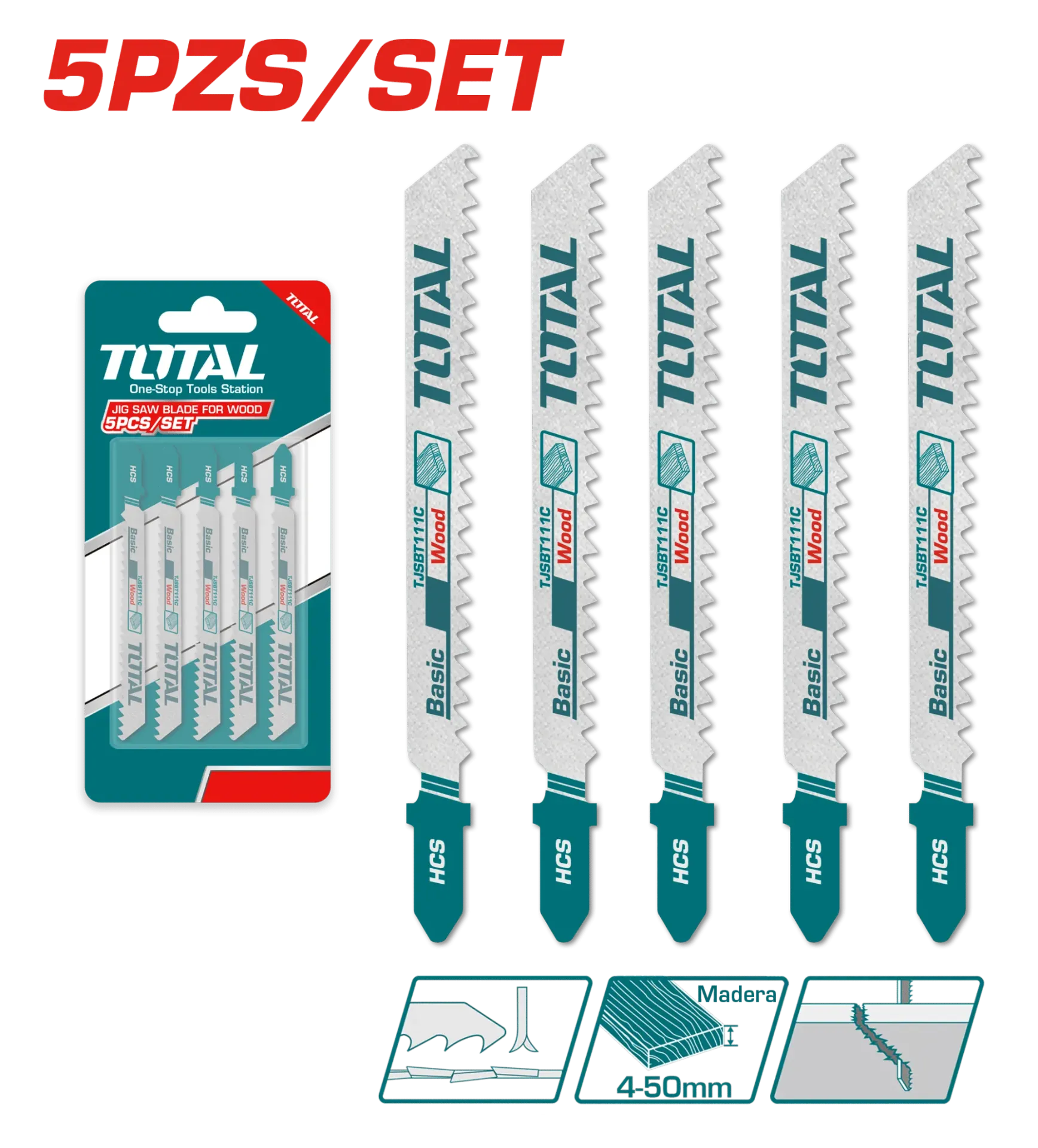 CUCHILLAS PARA CALADORA 05PZS 74MM 8TPI HCS-TJSBT111C-TOTAL