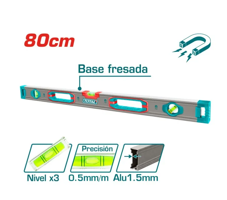NIVEL MAGNÉTICO 80CM B:3 ALUMINIO 1.5MM PRES:0.5MM-TMT28028M-TOTAL