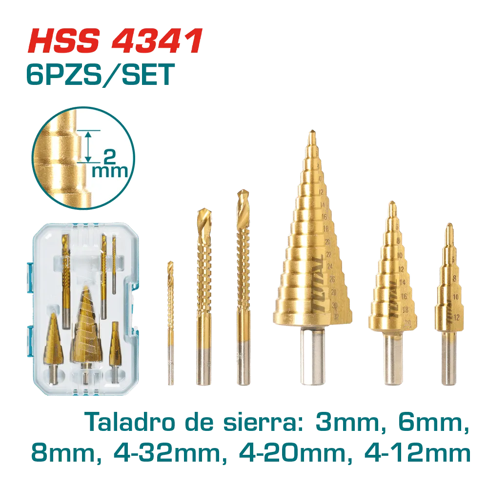 SET BROCAS ESCALONADAS HSS 4341 4-35MM 3PZS ESCALONADAS+3 PCS SERRUCHADORAS-TACSD2061-TOTAL