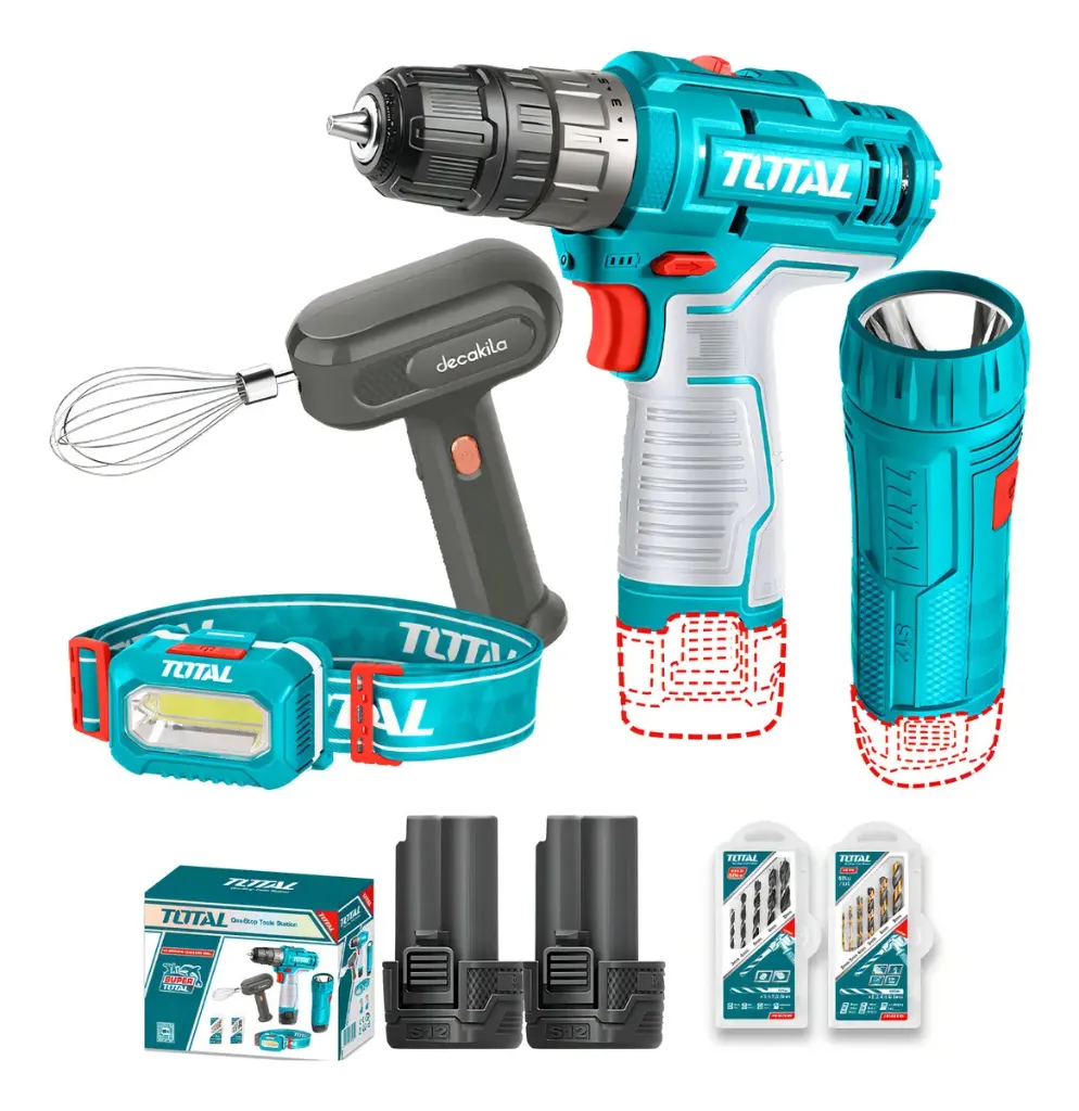 [TOSLI23115] SET TALADRO + BATIDORA + LINTERNA + LAMPARA LI-ION 12V 0.8-10MM 0-1500RPM 20NM TOSLI23115