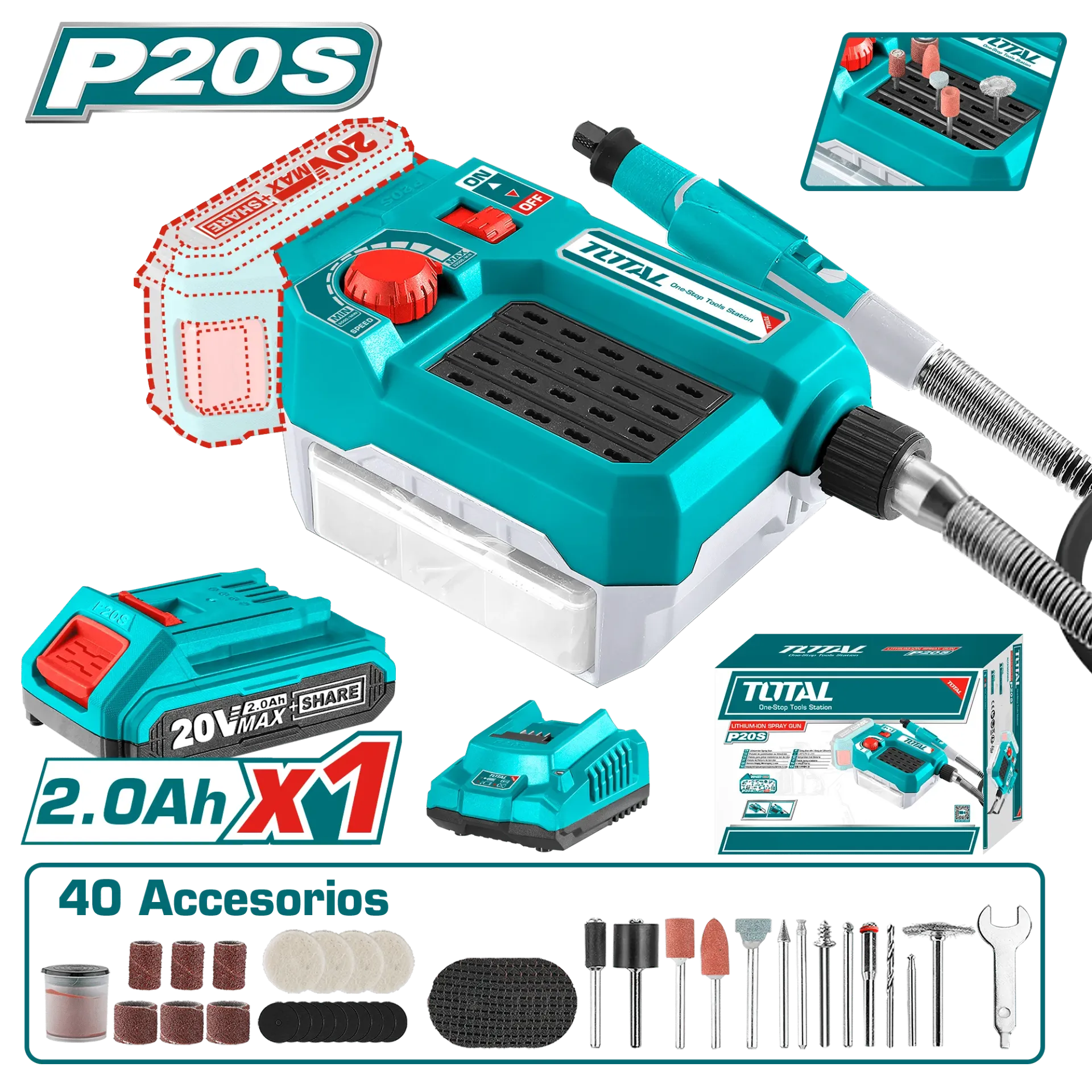 MINI DRILL 20V CON ACCESORIOS TOTAL