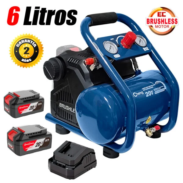 [DCQE550/6BM] COMPRESORA SILENCIOSA 6 LITROS 20V BRUSHLESS INDUSTRIAL + 2 BATERIAS 4AH 20V + CARGADOR DONGCHENG