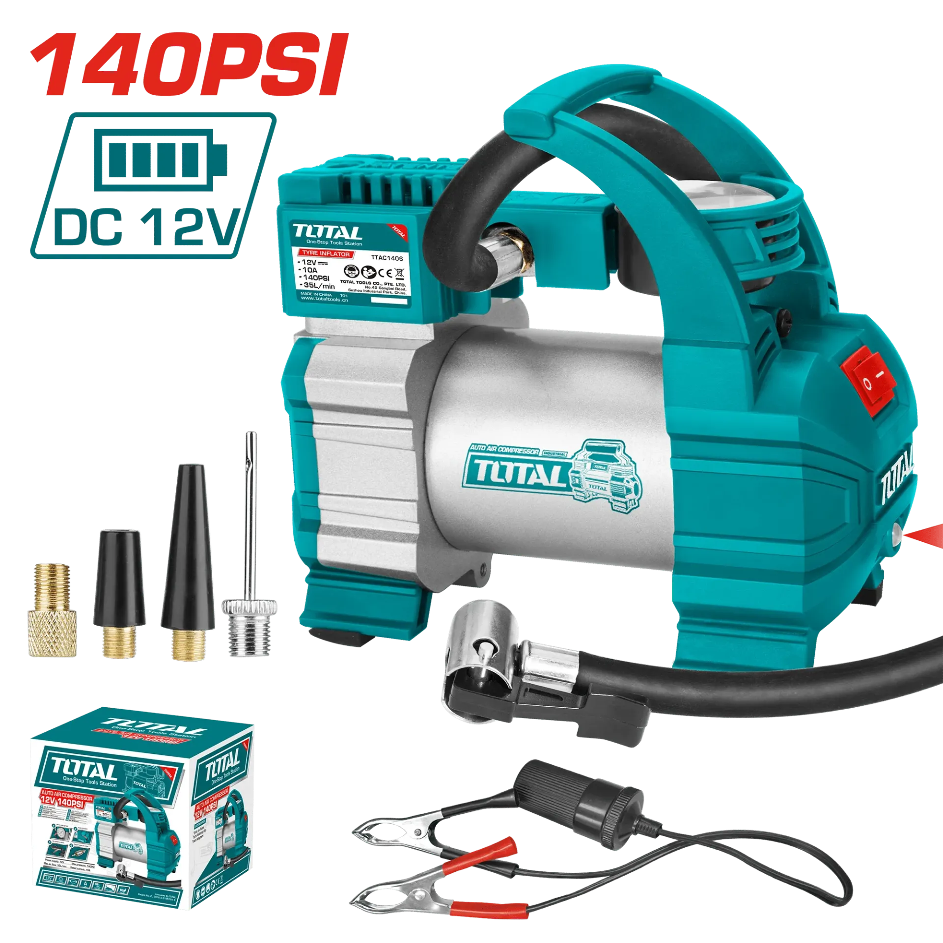 MINICOMPRESORA DC12V 140PSI 35L/MIN CON LED Y ACCESORIOS TTAC1406 - TOTAL
