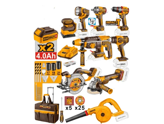 COMBO 9 EN 1 INDUSTRIAL 20V BRUSHLESS + 2 BATERIAS 4AH + 1 CARGADOR EN MALETA INGCO