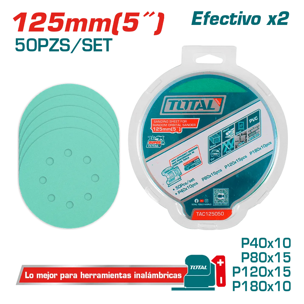 SET DE LIJAS P40/P80/P120/P180 50PCS CIRCULAR 125MM INDUSTRIAL-TAC125050-TOTAL