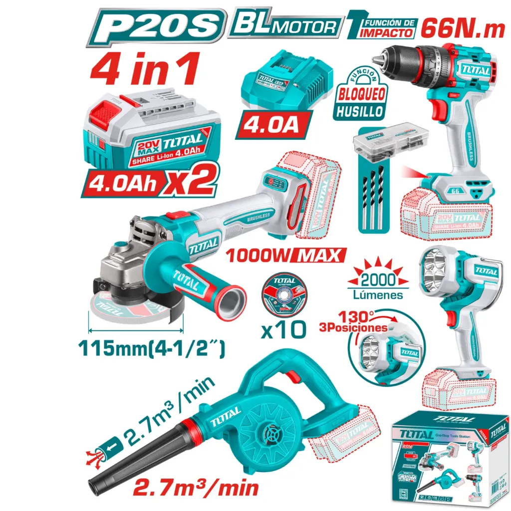 [TOSLI250993] COMBO TALADRO 66NM+AMOLADORA+SOPLADORA+LINTERNA 20V-TOSLI250993-TOTAL