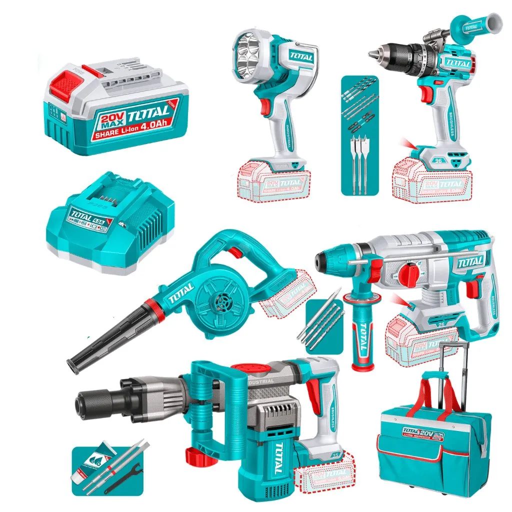 [TOSLI251083] MEGA COMBO 5 EN 1 ROTOMARTILLO + DEMOLEDOR + TALADRO + LINTERNA + SOPLADOR 2X4.0AH +ACC INDUSTRIAL-TOSLI251083-TOTAL