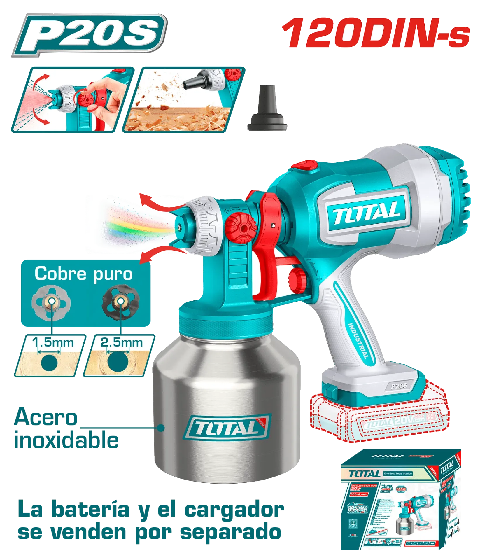 [TSGLI20041] PISTOLA DE PINTAR 20 V 800ML/MIN 120DINS CAP:1000ML TANQUE METAL-TSGLI20041-TOTAL