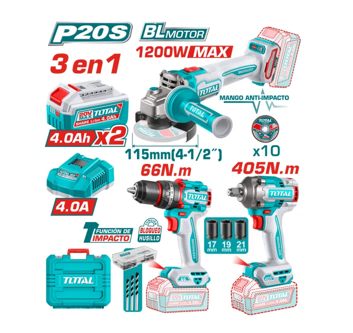 [TCKLI20358] COMBO 3 EN 1 20V TALADRO 66NM + LLAVE 405NM + AMOLADORA 1200W 2X4.0AH + ACC MALETIN-TCKLI20358-TOTAL