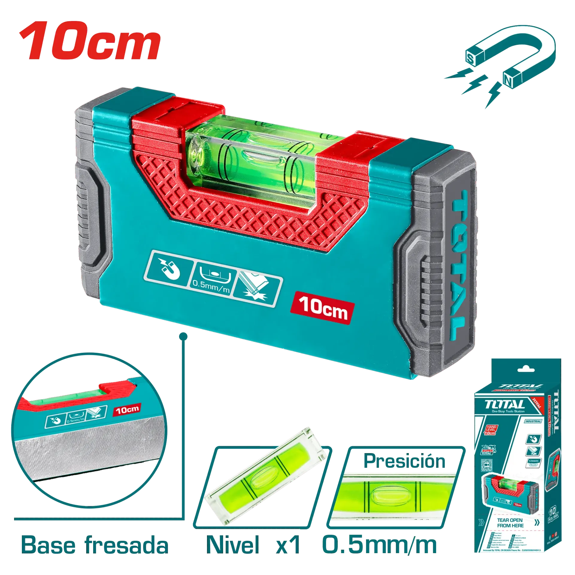 NIVEL BURBUJA 10CM B:1 ANTI-IMPACTO 0.5MM MAGNETICO-TMT205101-TOTAL