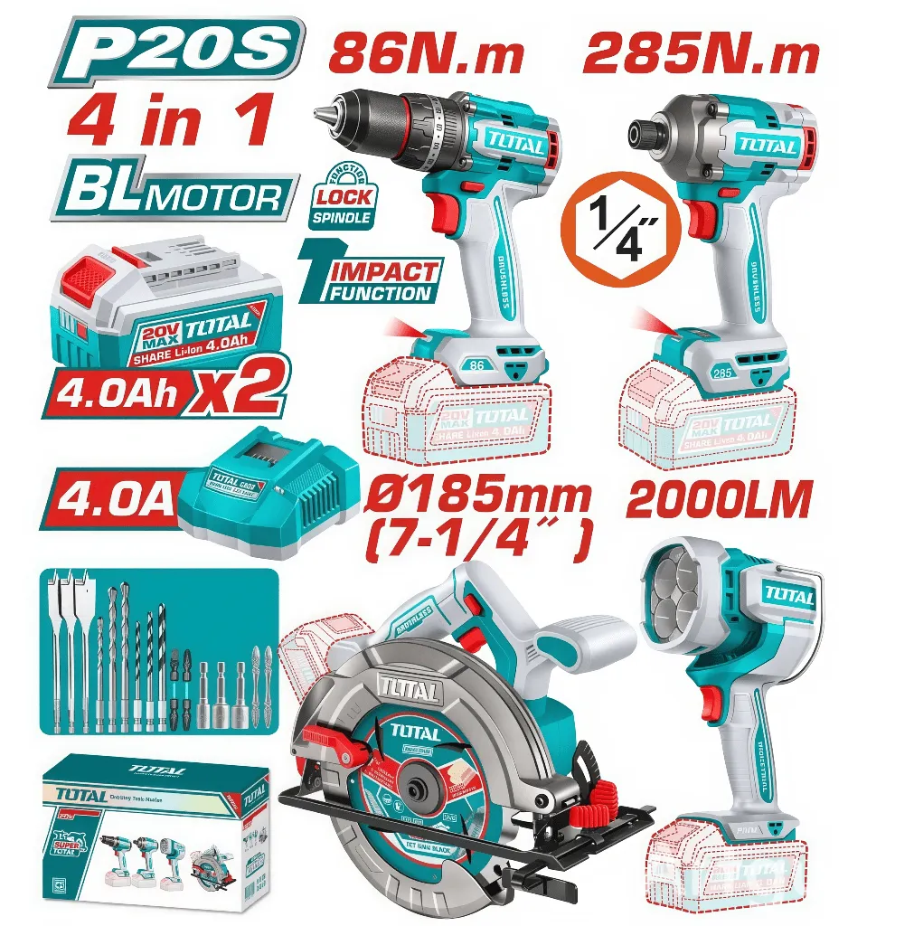 COMBO 4 PCS TALADRO DE IMPACTO +ATORNILLADOR DE IMPACTO +SIERRA CIRCULAR +LAMPARA INALAMBRICA-TOSLI251082-TOTAL