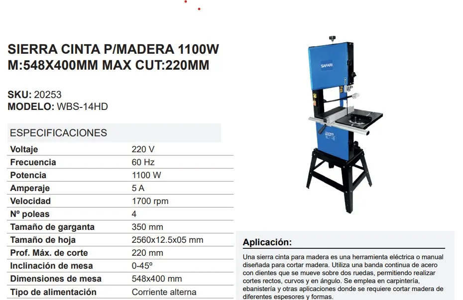 [WBS-14HD] SIERRA CINTA P/MADERA 1100W M:548X400MM MAX CUT:220MM1700RPM SAFARI WBS-14HD