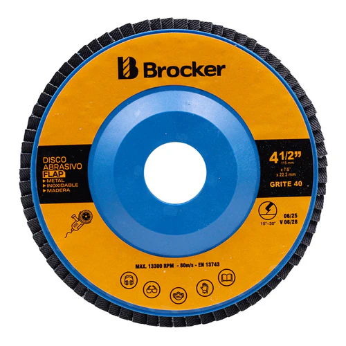 [GRITE-40] DISCO ABRASIVO FLAP 115 X 22.2 MM GRITE 40 (4.1/2“X7/8”) - BROCKER – UND S/4.00 | PRECIO X MAYOR S/3.80 C/U