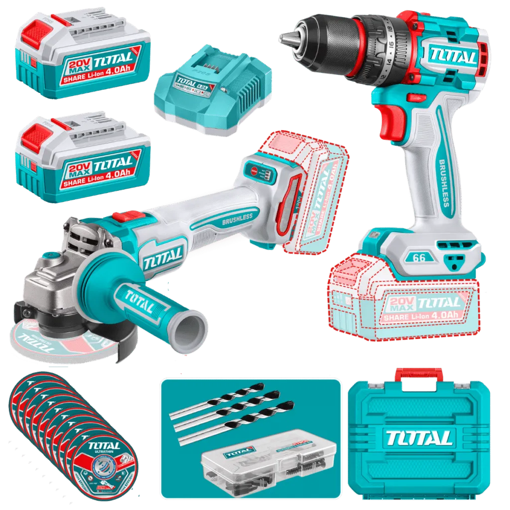 [TCKLI20256] COMBO 2 EN 1- 20V TALADRO 66NM+AMOLADORA 1200W+DISCOS+2X4.0AH+CARGADOR+ACC MALETIN-TCKLI20256-TOTAL
