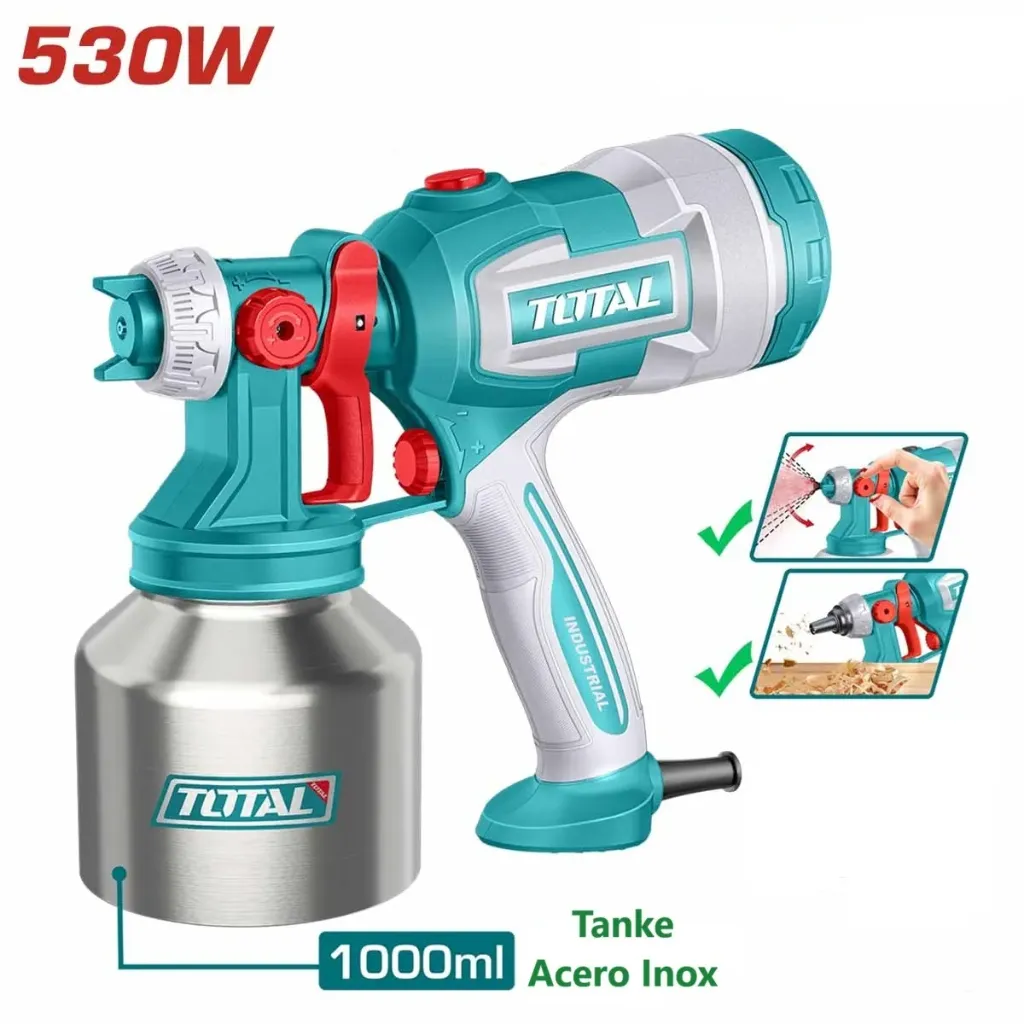 PISTOLA PARA PINTAR ELÉCTRICA 530W VASO ACERO INOXIDABLE 1000ML-TT45061-TOTAL