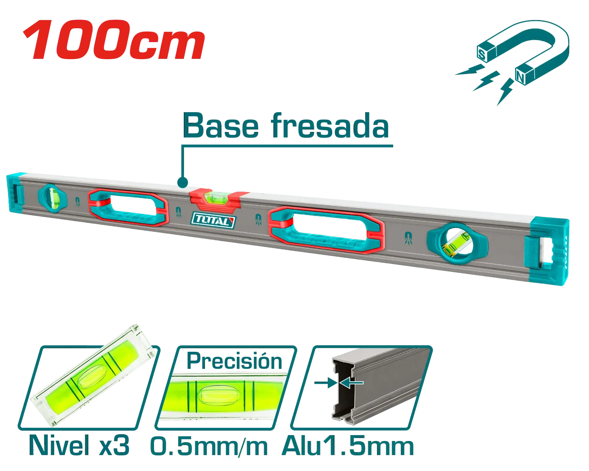 [TMT210028M] NIVEL BURBUJA 100CM B:3 ALUMINIO 1.5MM PRES:0.5MM MAGNETICO-TMT210028M-TOTAL