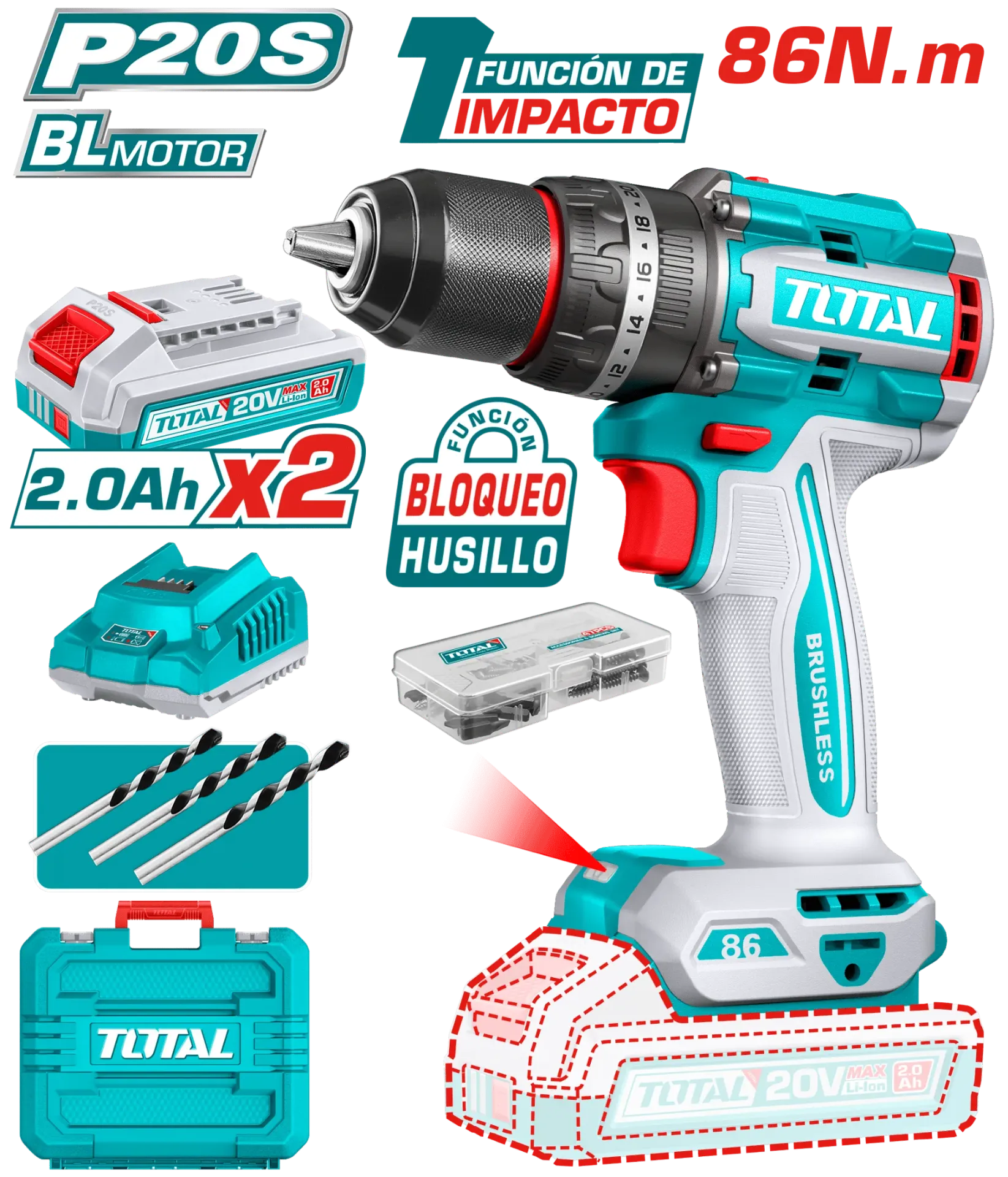 TALADRO PERCUTOR 20V BL 86NM 13MM 22+1+1; 2 BATERIAS 2.0AH +ACC MALETIN INDUSTRIAL-TIDLI208687-TOTAL