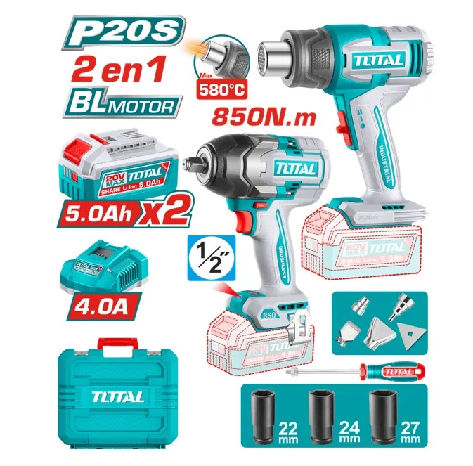COMBO (2 EN 1) LLAVE DE IMPACTO(850NM)+PISTOLA DE CALOR+2 BATERIA DE 5.0AH+ACC Y MALETIN INDUSTRIAL-TOSLI260381-TOTAL