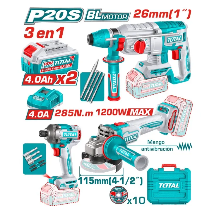 COMBO(3EN1)20V ROTOMARTILLO (26MM) + AMOLADORA (1200W) + ATORNILLADOR DE IMPACTO (285NM)+2 BATERIAS 4.0AH+ACC Y MALETIN INDUSTRIAL-TOSLI260191-TOTAL