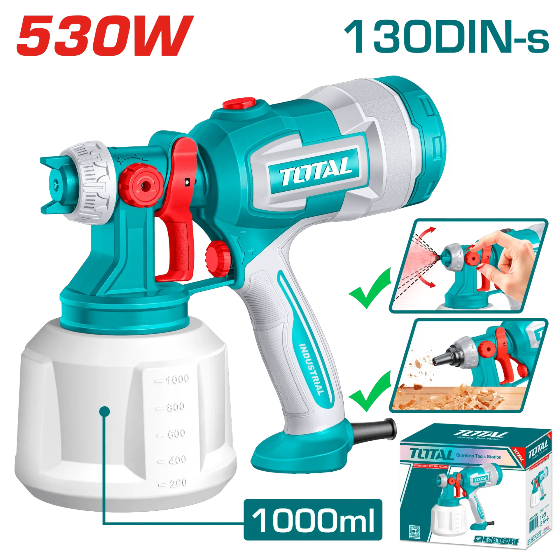 PISTOLA PARA PINTAR HVLP ELECTRICA 530W 130DIN-S 410ML/MIN 1000ML(VASO DE PLASTICO) INDUSTRIAL-TT4506-TOTAL