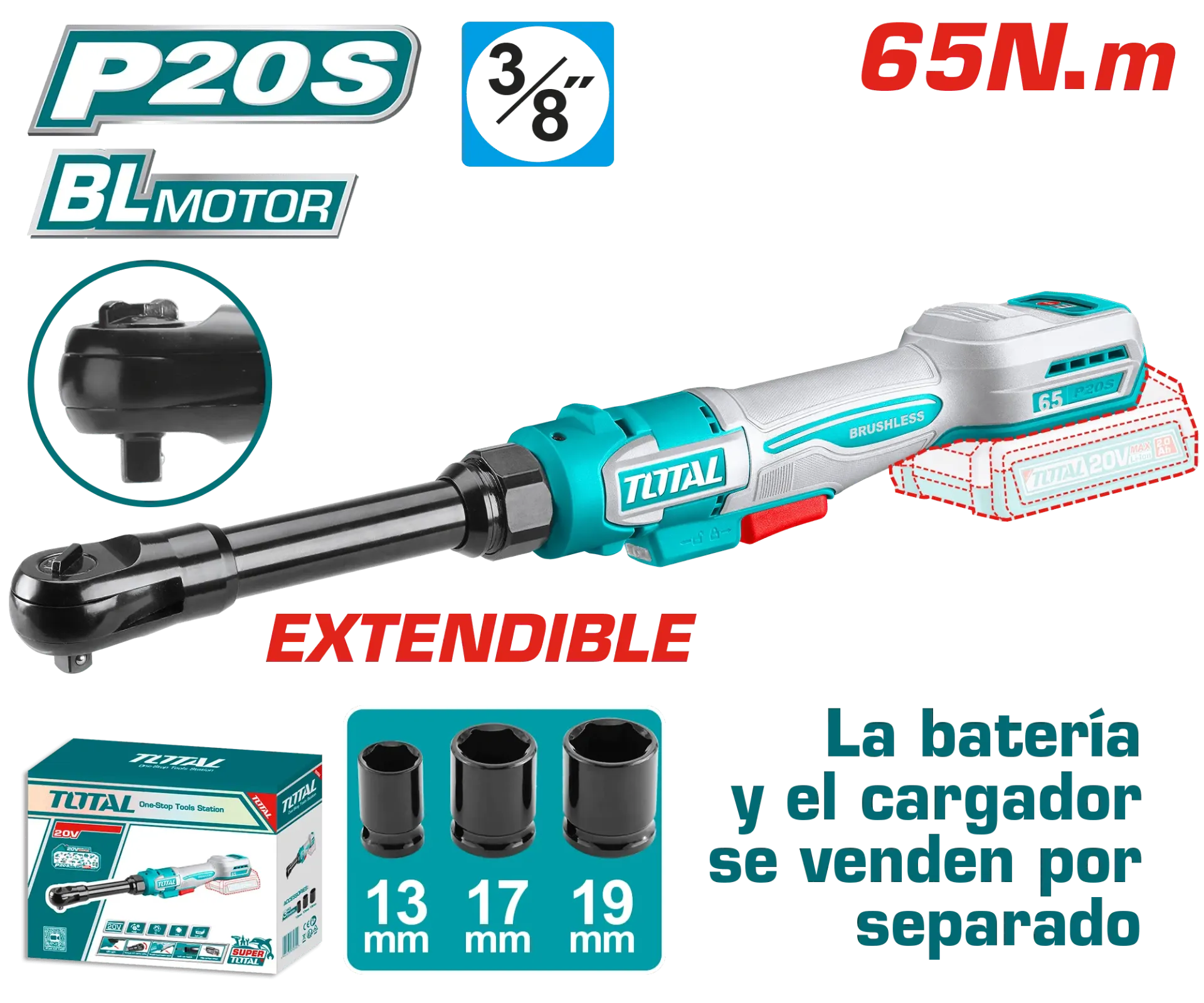 ATORNILLADOR RATCHET EXTENDIDO(SOLO CABEZAL)20V 65NM 3/8” 0-350RPM+ACC INDUSTRIAL-TDRLI206529-TOTAL