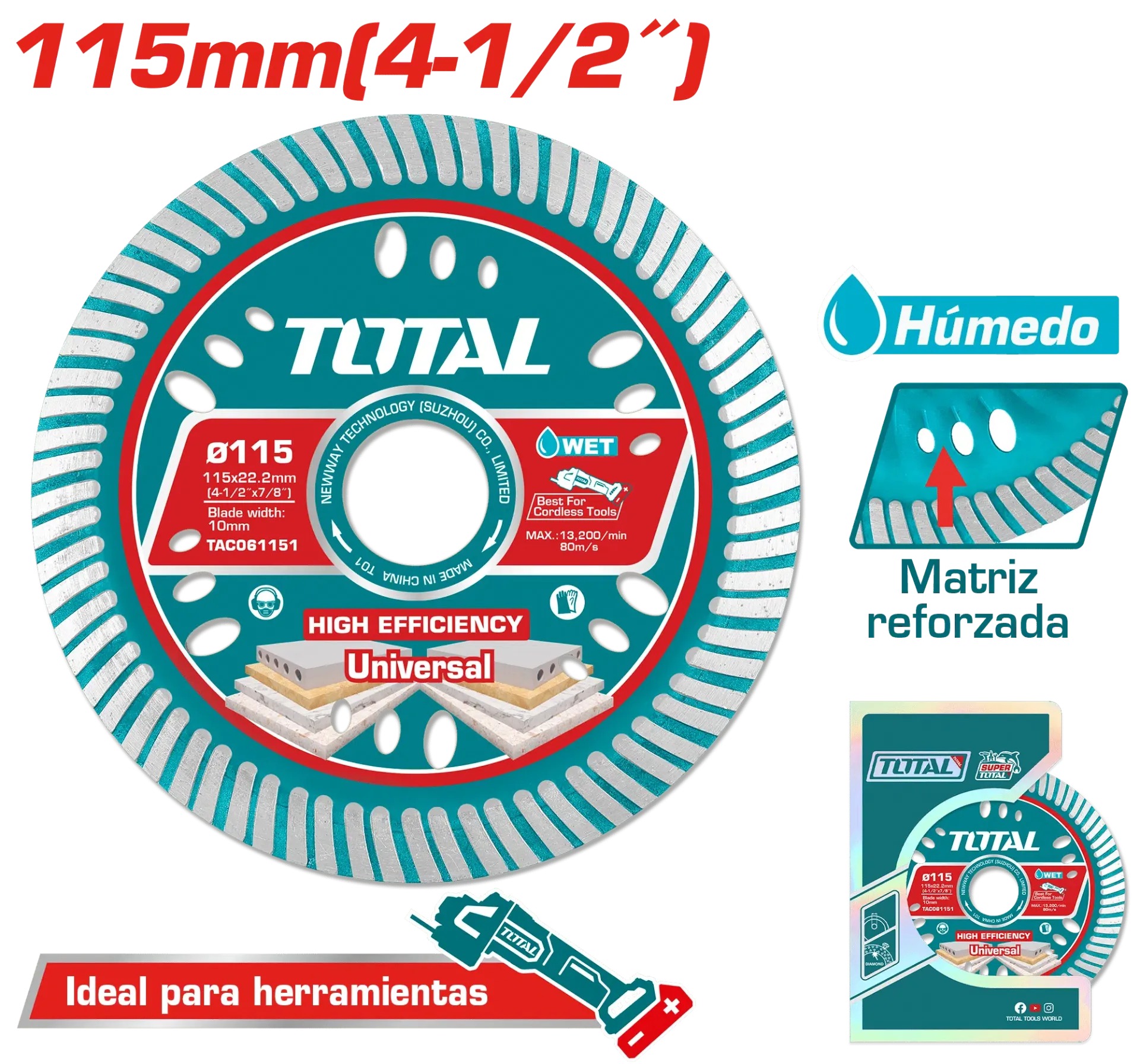 DISCO DIAMANTADO ULTRA-DELGADO 4.5" 1.6MM 115MMX22.2MM 75CR1 HOJA:10MM INDUSTRIAL- TAC061151-TOTAL