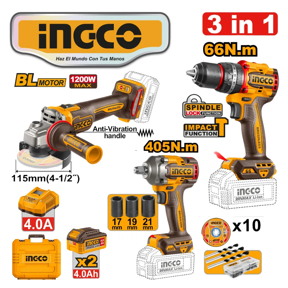 KIT 3PZ AMOLADORA 4.1/2″+TALADRO 66NM + LLAVE DE IMPACTO 405NM + ACCESORIOS – CKLI20358-INGCO