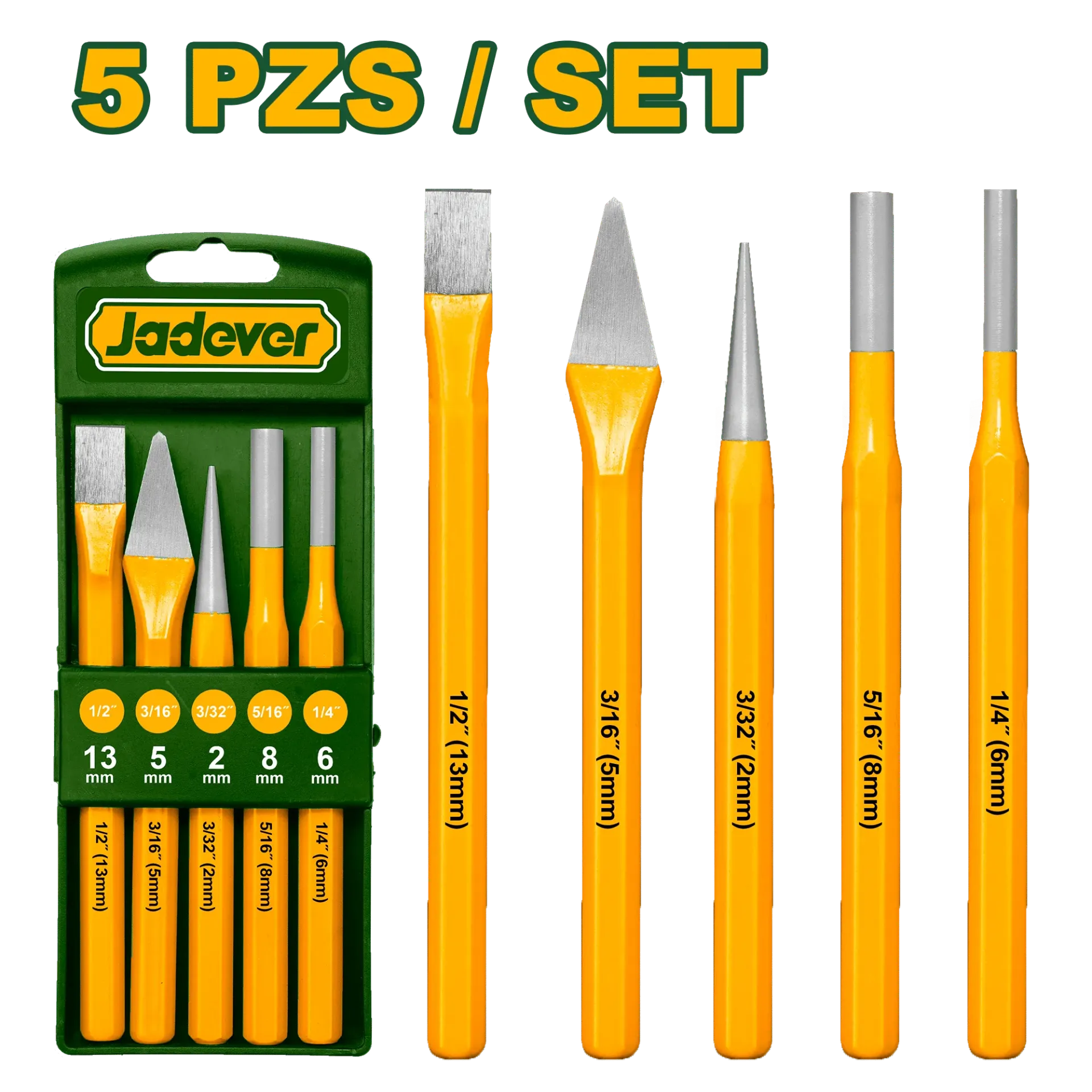 SET DE CINCELES Y PUNZONES 5PCS ACERO 40CR 10MM(3/8”) CORTE EN FRIO-JDCC8395-JADEVER