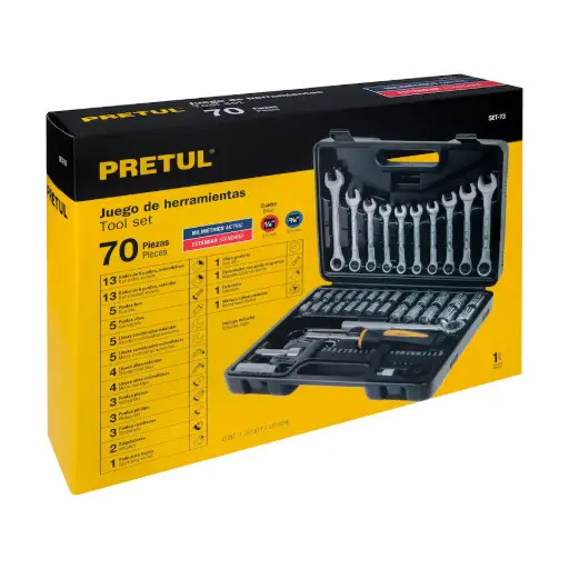 [22981] JUEGO DE 70 PIEZAS 1/4" 3/8" PRETUL