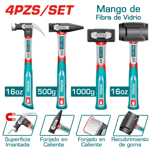 [THCH6004] COMBO MARTILLOS C/MANGO FIBRA VIDRIO: UÑA 16OZ + MECANICO 500G + ALBAÑIL 1000G + GOMA 16OZ 