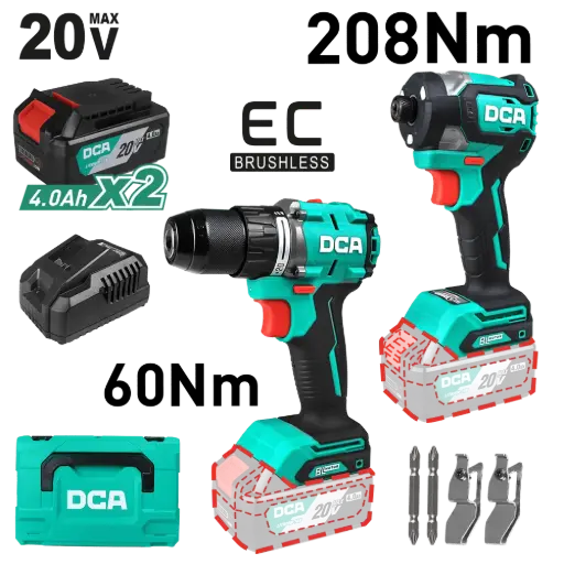 [ADKIT26-EK] COMBO TALADRO PERCUTOR 1/2 + ATORNILLADOR DE IMPACTO 1/4 20V BRUSHLEES + 2 BATERIAS DE 4 AH + CARGADOR DCA